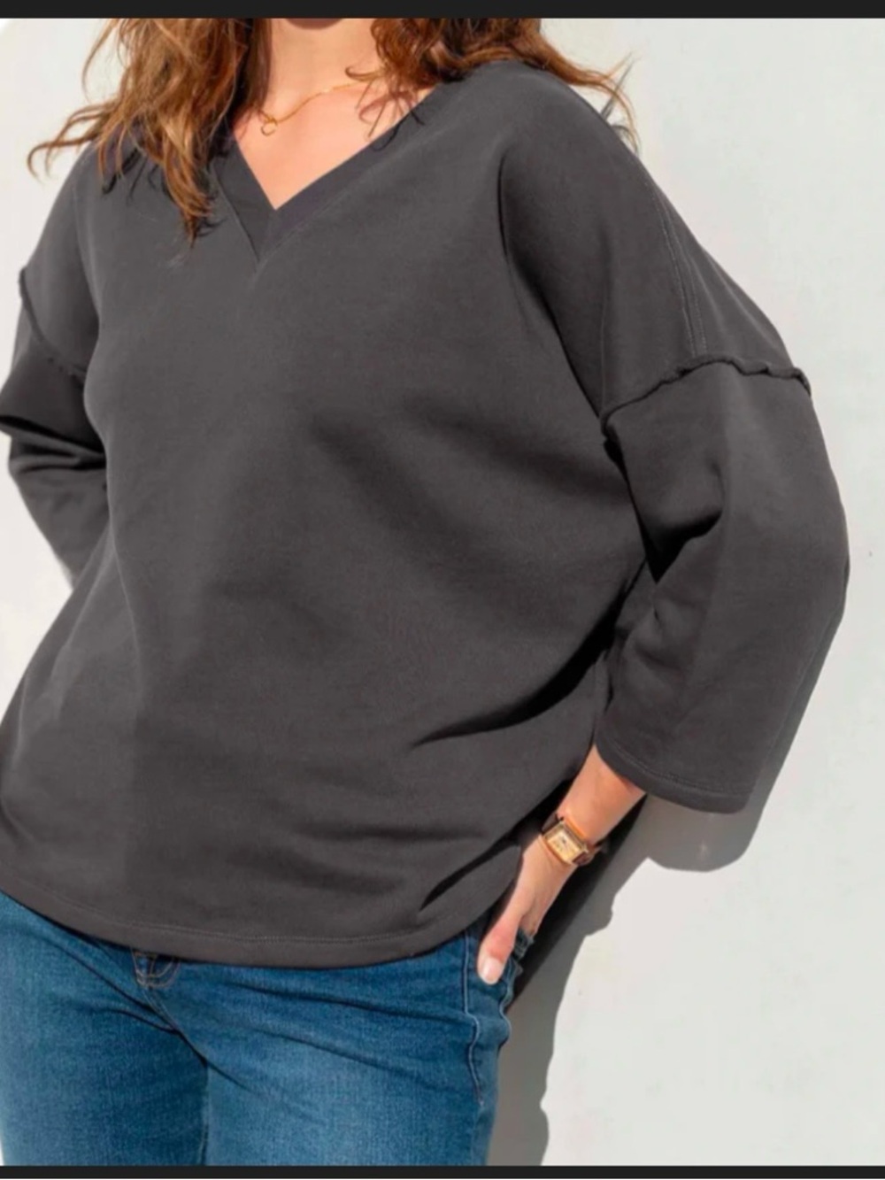 MERSEA Frenchie V-Neck Sweatshirt-Charcoal Grey One Size